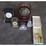 A scarce boxed set  of Edwardian hand painted candles, a French Carriage clock and similar items