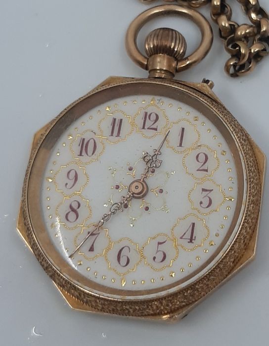 A 14ct Swiss gold watch, octagonal on yellow metal gold chain