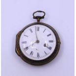 A gilt metal pocket watch, the gilt base metal case warn to show engraving of urn the enamel dial