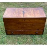 A 19th cent trunk with two drawers, the top inlaid with starburst design, faults cracks