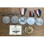 Medals and badges, includes British WW2 war and defence medals, GQ Parachute  Company badge on
