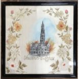 WW1 embroidered and painted silk depicting  the destruction of the town hall & belfry of Arras.