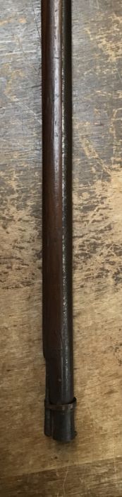 Antique Eastern matchlock musket & powder flask, hardwood stock (damaged) missing parts of the - Image 7 of 8