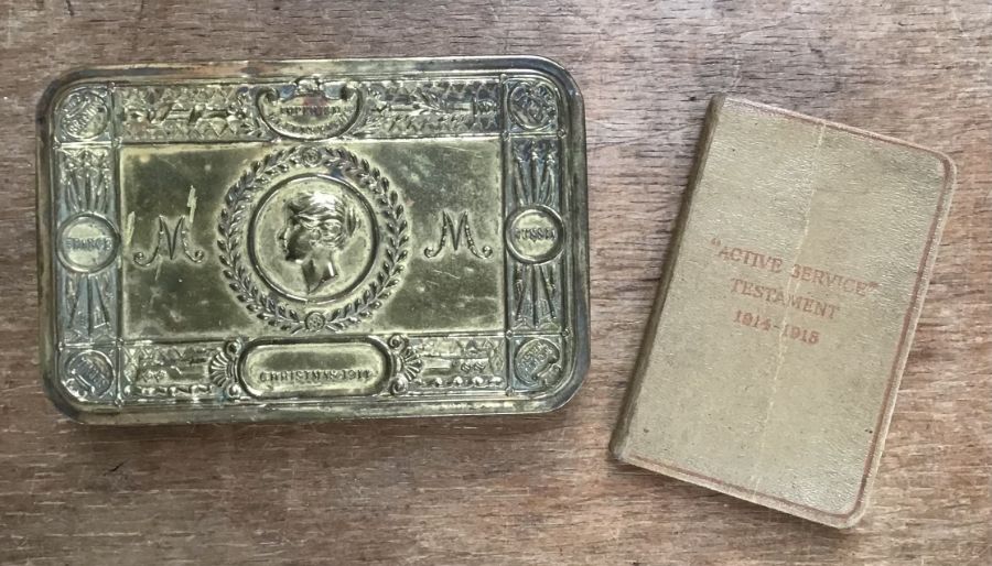 WW1 1914 Christmas tin with ‘Active Service’ testament 1914-1915.