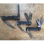 Three British military Combination tools one WW1 (unmarked) one WW2 dated 1943 and one post War