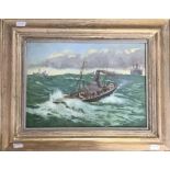 Original oil on canvas signed A. Nicholls depicting WW2 convoy and escort ships paper label to