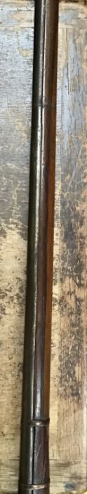 Antique Eastern matchlock musket & powder flask, hardwood stock (damaged) missing parts of the - Image 6 of 8