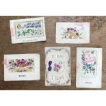 Five WW1 Silk and painted sweetheart cards.