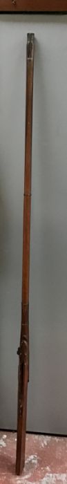 Antique Eastern matchlock musket & powder flask, hardwood stock (damaged) missing parts of the