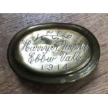 Early WW1 trench art, Brass Snuff/Trinket Box. Inscribed and dated 1914, approx 7cm