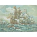 Bernard F Gribble (1873-1962) Seascape Battle Scene with Galleons Mixed media, 26 x 25cm  Signed