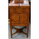 A George III mahogany campaign washstand, the double hinged top opening to reveal fitted interior,