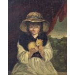 British School (19th century), Young Girl Cradling A Kitten, oil on board, unsigned, approx 20cm x