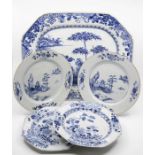 A 19th century Chinese blue and white octagonal meat plate, decorated with flowers and bamboo,
