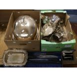 Two boxes of silver plate, EPNS to include: large domed meat cover; two unusual cut glass and
