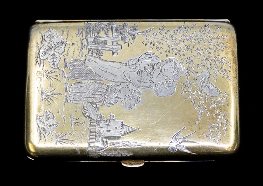 A Victorian silver and parcel gilt card case, the cover and back with engraved decoration after Kate - Image 2 of 3