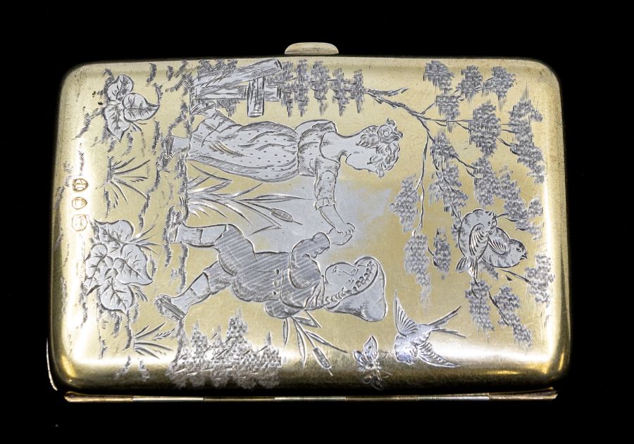 A Victorian silver and parcel gilt card case, the cover and back with engraved decoration after Kate - Image 3 of 3