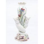Irish Interest:  A Belleek 1st period coloured Double Fish vase, amphora shaped vase supported by