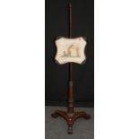 A William IV rosewood pole screen with painted figural panel, on acanthus carved column, concave