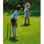 Sherree Valentine Daines (British, b.1959) First Match (Cricket) oil on board, 34.5 x 34cm signed