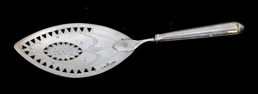 A George III silver oval bright cut engraved fish slice, the blade hallmarked by Samuel