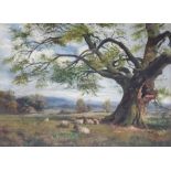 Henry Hadfield Cubley (1858-1934) Sheep resting by a giant Oak tree oil on board, 39 x 54cm signed