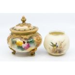 A Royal Worcester blush ivory pot pourri and cover, the body painted with roses, gilt heightened,