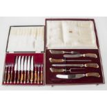 A set of six silver plate and antler horn steak knives and forks, boxed, retailed by Butcher & Swann