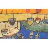 St Ives School (20th Century) Abstract composition titled: Moored Boats at Sunset, Penzance