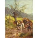 Adolf Boehm (late 19th Century) The Journey (Horse drawn caravan with figures and calf with mountain