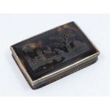 An 18th Century silver mounted tortoiseshell rectangular snuff box, the cover engraved with a