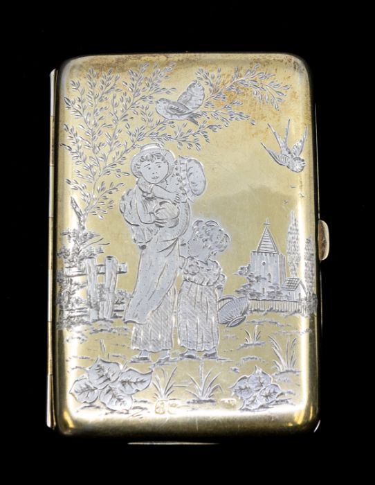 A Victorian silver and parcel gilt card case, the cover and back with engraved decoration after Kate