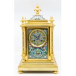 A late 19th century French gilt bronze and champlevé enamel striking mantel clock, Howell James &