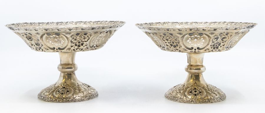 A pair of late Victorian silver tazze / bowls, shaped circular with openwork scrolling borders, - Image 4 of 4