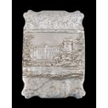 A Victorian silver Castle Top card case, the front chased and engraved depicting Warwick Castle with