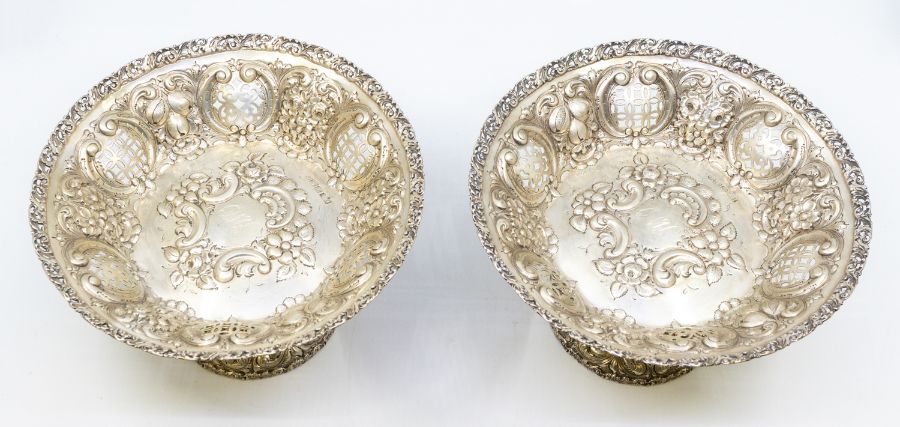 A pair of late Victorian silver tazze / bowls, shaped circular with openwork scrolling borders, - Image 2 of 4