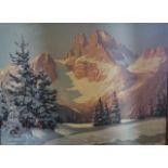 19th century oil on canvas, snowy mountain scene,