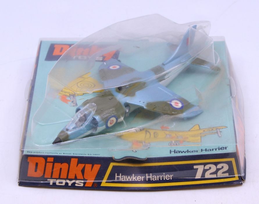 Dinky: A Dinky Toys Hawker Harrier, 722, contained within bubble packaging, some crushing to