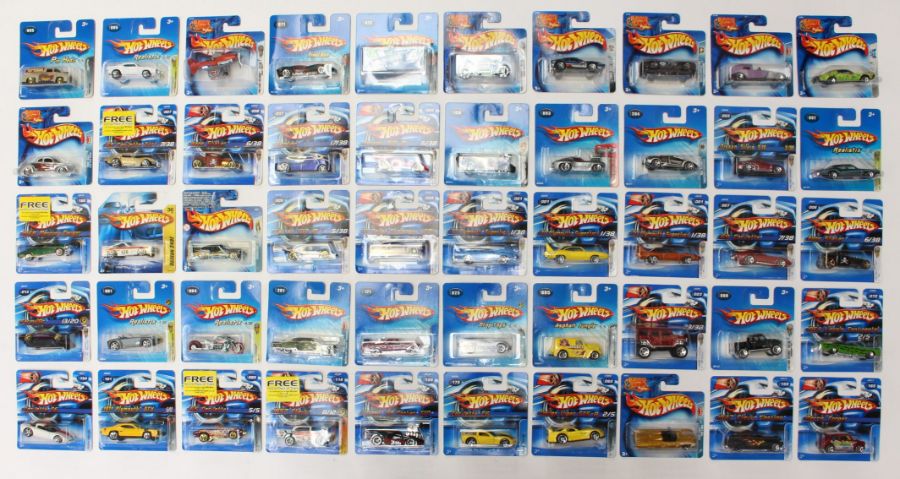 Hot Wheels: A collection of 50 modern Hot Wheels short carded vehicles including: First Editions