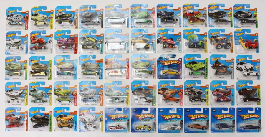 Hot Wheels: A collection of 50 modern Hot Wheels short carded vehicles including various sets: