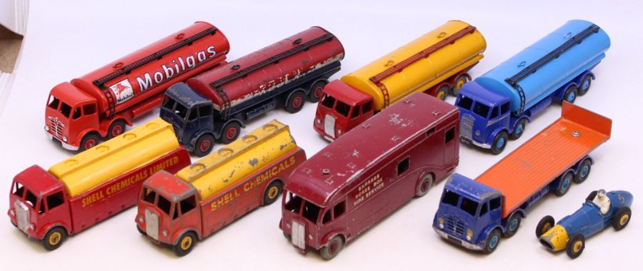 Dinky: A collection of nine assorted playworn Dinky vehicles to include: Regent, Mobilgas and