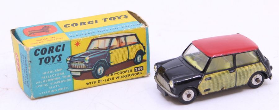 Corgi: A boxed Corgi Toys, Mini-Cooper with Deluxe Wickerwork, 249, vehicle has playwear, box is