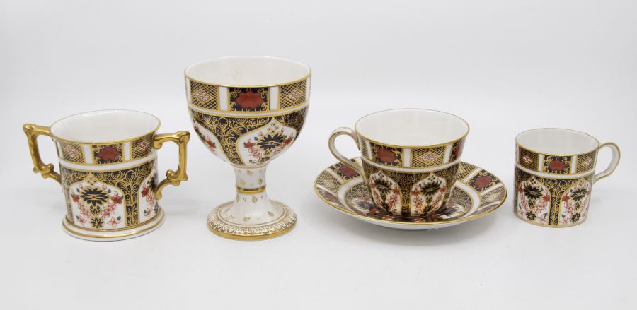 Royal Crown Derby 1128 Imari loving cup, coffee can, goblet cup, saucer, all first quality