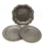 English pewter hammered bowl along with two 17th Century pewter plates