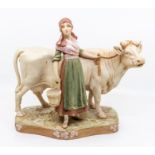 Royal Dux figure of milking girl with cow 33 x 29 cms approx