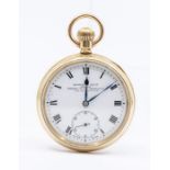 A gold plated Kendal & Dent London open faced pocket watch, white enamel dial with Roman numeral