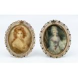 A pair of early 20th Century mantle frames with hand painted early 19th Century portraits of ladies,