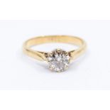 An old cut diamond 18ct gold ring, comprising a claw set old cut diamond approx 0.75ct, to a tapered