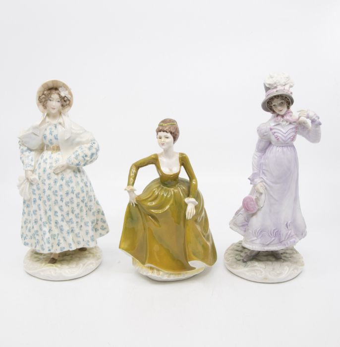 Two Royal Worcester Figures walking out, dresses of the 19th century along with Coalport Anne