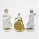 Two Royal Worcester Figures walking out, dresses of the 19th century along with Coalport Anne